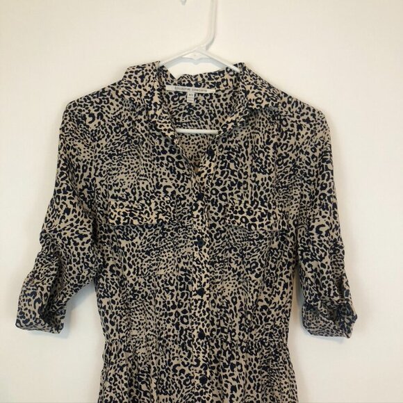 COLLECTIVE CONCEPTS Cream Beige Navy Blue Cheetah Leopard Animal Shirt Dress XS - Picture 3 of 10